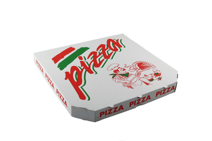 PIZZA krabice 32x32x3 cm bílá s potiskem kuchař (100 ks)